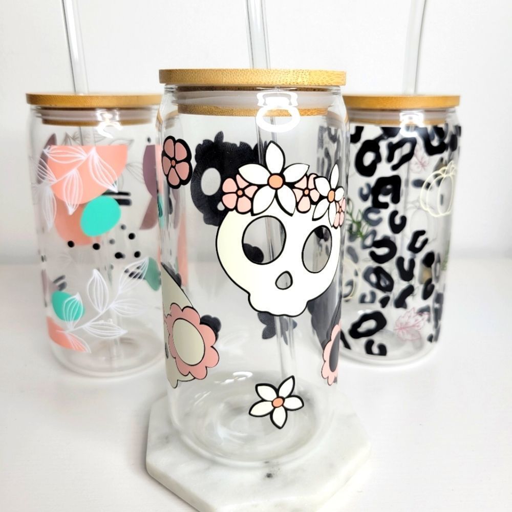 Flower Skull Iced Coffee Cup | Emo Skulls with Flower Crown